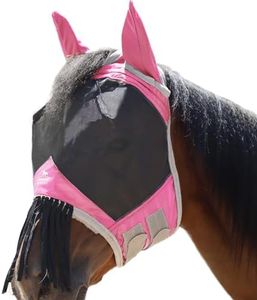 Harrison Howard CareMaster Horse Fly mask with Ears and Nose Fringe Fly Protector Defender Mask Light Pink M Cob