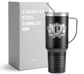 Personalized Coffee Mug with Initial P, Monogrammed Travel Tumbler for Him, Custom Cups, Unique Birthday Christmas Gifts for Men who Have Everything, 40 oz Insulated Travel Cup with Handle