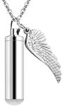 Dletay Cylinder Cremation Urn Necklace for Ashes Memorial Keepsake Pendant with Angel Wing Stainless Steel Remembrance Jewelry(Silver)