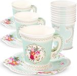 Talking Tables TS6-CUPSET Disposable Truly Scrumptious Party Vintage Floral Tea Cups and Saucer Sets, Mint Green