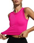 LASLULU Womens Sports Bra Sleeveless Workout Crop Tops Yoga Tops Seamless Gym Pullover Running Muscle Shirts with Molded Cups(Neon Rose Red,Small)