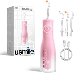 usmile C30 Cordless Water Flosser, 300ml Large Tank, 5 Pressure Levels Deep Clean, S-Shaped Nozzles for Braces & Sensitive Gums, USB-C Rechargeable, IPX7 Waterproof, Portable Travel & Home Use(Pink)