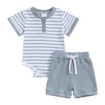 Vioyavo Newborn Baby Boys Girls Summer Outfit Stripe Pattern Short Sleeve Romper+Solid Color Elastic Waist Shorts 2Pcs Clothes Set (Blue, 6-9 Months)