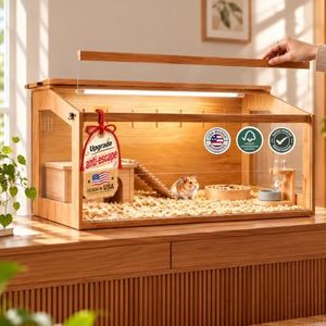 Large Wooden Hamster Cage, 39.4" Acrylic Habitat with Ventilated Mesh Top | Spacious Habitat with Clear Acrylic Panels, Secure Lock, Waterproof Mat and Quick-Release Front Panel for Easy Cleaning