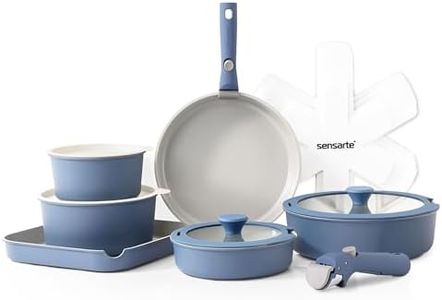 SENSARTE 17 Teiliges Keramik Topf und Pfannenset, Antihaft Kochgeschirr mit Abnehmbarem Griff, Induktionskochgeschirr mit Abnehmbarem Griff, Spülmaschinenfest, PFAS/PTFE/PFOA Frei (Marine)