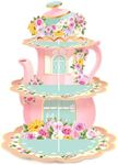 Zopeal 3 Tier Floral Tea Party Cupcake Stand Decoration Spring Vintage Teapot Party Cupcake Holder Talking Party Dessert Tower for Flower Theme Tea Party Baby Shower Princess Birthday Wedding Supplies