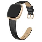 ZZL Compatible for Fitbit Versa 4 Bands/Versa 3 Bands Women Men, Soft Thin Genuine Leather Replacement Wristbands Sport Straps Compatible with Fitbit Sense 2 Bands/Fitbit Sense Band, Black