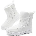 Rominz Women's Winter Snow Boots Waterproof Black Fur Lined Warm Mid Calf Boots for Women Non-Slip Ankle Boots White Lace-Up Platform Boots(White,US8)