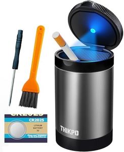 THIKPO Car Ashtray with Lid, Cup Holder Ashtray, Portable Mini Car Trash Can, Detachable Stainless Steel Smokeless Ash Tray with LED Blue Light