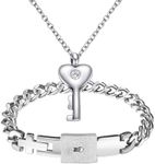 Flongo Couple Lock Key Jewellery Set: Silver Couples Bracelet Necklace Set Women's Necklace with Heart Wings Gold Cubic Zirconia Men's Cuban Lock Bracelet Stainless Steel Gift Partner Christmas