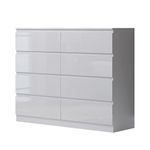 FWStyle White Gloss XL 8 Drawer Chest. Modern Bedroom Furniture Chest of Drawers.Matt White with White Gloss Drawer Fronts - W110 x H99 x D40cm