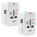 SeCro International Travel Adapter 2 USB Charging Port Smart Wall Charger, All-in-one Universal Plug (US/JP UK EU AU/CN) Worldwide Outlets & AC Socket - Surge Protector (2 Pack) - White