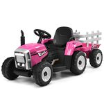 Costzon Ride on Tractor with Detachable Trailer, 12V Kids' Electric Vehicles w/3-Gear-Shift Ground Loader, Wireless Design & USB, 7 LED Headlights, Remote Control Tractor Toys for Kids 3+ (Pink)