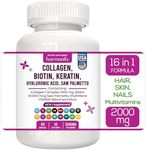 HARMONIFY Collagen Biotin Keratin Saw Palmetto Hyaluronic Acid Complex Supplement with Vitamin E, Folic Acid, Pumpkin Seed and MSM, Hair Skin & Nails Multivitamins, 16 in 1 Capsules, 1000 mg