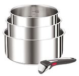 Tefal Ingenio Set of 4 Pieces, 16/18/20 cm Pans + 1 Removable Handle, Induction, Stainless Steel, Stackable, Space Saving, Made in China, Preference On L898S334