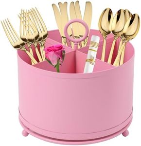 NelyBet 360°Rotating Metal Utensil Caddy 4 Compartment Silverware Cutlery Holder Fork Spoon Napkin Organizer Flatware holder with Handle For Picnic Camping Party - Pink