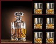 Maira Trends European Style Square Clear Glass 1000ml Decanter Storage Container with 340ml - 6 Pcs Glass for Liquor, Whisky, Vodka, Scotch, Wine, Rum, Brandy, Champagne, Tequila, Beer, Juice