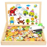 COOLJOY Wooden Magnetic Puzzle Jigsaw, Farm Animals Boards for Children, Double Sided Wooden Jigsaw, 100+ PCS Educational Drawing Blackboard Wood Toys For Kids Boys Girls 3 4 5 Years Old