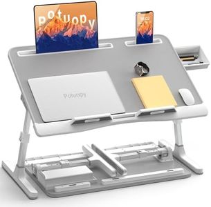 Laptop Stand for Bed, Potuopy Leather Adjustable Bed Desk Table Tray, X-Large Folding Lap Desk with Drawer for Eating Writing Drawing Working on Couch Floor, Grey