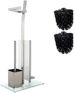 WC Set with roll Holder - Brushed Chrome – Toilet Paper Holder - Stainless Steel Chrome-Plated – Glass Base –Dim.: 32x20x70cm– Easy Installation – Plus: 1+2 Extra Toilet Brush Heads for Exchange!