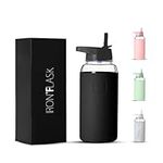 IRON °FLASK Glass Sports Water Bottle - The Scout - 32 Oz Straw Lid, Airtight Leak Proof, Vacuum Insulated, Thick Durable Borosilicate Glass, Silicone Sleeve, Temperature Retention, Midnight Black