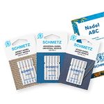 SCHMETZ Sewing Machine Needles Starter Set, 5 Universal Needles, 5 Jersey Needles, 5 Jeans Needles, 1 ABC Needle Guide, Most Popular Needle Sizes, can be used on all Standard Household Sewing Machines