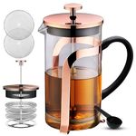 Upscale French Press Coffee Maker| 350ml Coffee Plunger Brewer Pot, 4 Part Filtration, Metallic body, Borosilicate glass with 2 Extra spare filter and 1 Coffee spoon, 2 Years Warranty- Rose Gold