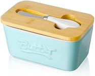 Porcelain Butter Dish with Butter Knife & Wooden Lid, Candiicap Airtight Butter Keeper for Countertop & Home Kitchen Decor, Large Butter Holder for All Types of Butter(Matte Blue)