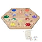 Marble Board Game Original Marble Game Wahoo Board Game Double Sided Painted 6 and 4 Player Wooden Fast Track Board Game with 6 Colors 24 Marbles 6 Dice and Velvet Draw Bag for Adults Kids Family