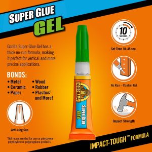Gorilla Super Glue Gel 3g, 2-Pack – Fast Setting, No-Run, All Purpose