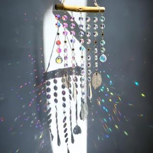 13.1 Inch Crystal Suncatcher with Natural Wood & Leaf Charms - Colorful Hanging Window Ornament