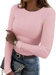 Zeagoo Women's Long Sleeve Crewneck Shirts Casual Slim Fit Rib Knit Tops Summer Fall Basic Business Work Tee Pink