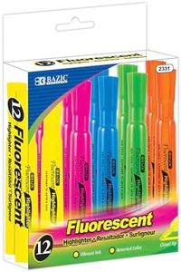 BAZIC Products Assorted Fluorescent Ink Highlighter – Chisel Tip Broad Fine Line, Desk Style Highlighter Pen for Office and School, Unscented, Smooth Marking, 12/Pack, 1-Pack