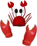 Funny Crazy Crab Hat with Claws Antenna, Latex Giant Crab Claws Gloves Mitt Kit, Crab Costume Props Hat Set Red, One Size