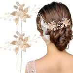 2 PCS Gold Bride Wedding Headpiece,Crystal Pearl Hair Pins Accessories,Vintage Golden Leaf Hairpin,Bridal Hair Clips for Women and Girls (Gold)