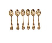 BONA Fide Brass Spoon Set of 6 Dinner Spoon Embossed Design| Brass Spoon Small for Pooja Length 6.5 inch Long Brass Table Spoon,peetal chamcha