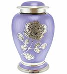 Silver Rose Cremation Urn - Funeral Urn with Large Flower on Lilac Purple Enamel - Burial Urn for Human Ashes Adult Size - 100% Brass