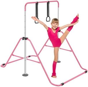 ToughHub Gymnastics Bar for Kids, Adjustable Height Foldable Horizontal Gymnastics Bar with Rings, Safe Home Gym Training Equipment for Strength & Flexibility, for Boys & Girls (Pink)