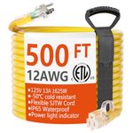 HUANCHAIN 500 ft Outdoor Extension Cord Waterproof 12/3 Gauge Heavy Duty with Lighted end, Flexible Cold-Resistant 3 Prong Electric Cord Outside, 15Amp 1875W 12AWG SJTW, Yellow, ETL