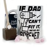 Dad Mug and Belgian Milk Chocolate/Hot Chocolate Stirrer Marshmallow Gift Set, (11oz) White, Yellow, Blue, Black, Pink Mug with 'If Dad Can't Fix It, We are Screwed' Drill Design, Father's Day Mug