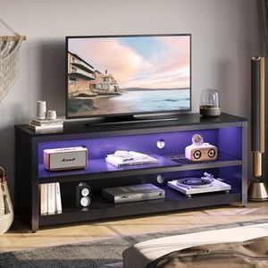 Bestier Gaming TV Stand with LED Light for TVs up to 60 Inch, Entertainment Center with Adjustable Shelves, Modern Industrial TV Media Console with Storage Shelves for Living Room Bedroom, Black