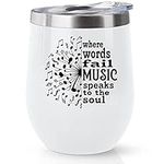 Kubbut Music Notes Flower Wine Tumbler - Teacher Gifts for Women Music Teacher - Insulated Cup Funny Musical Gifts for Musicians -12 oz Stainless Steel Wine Glass Tumbler with Lid