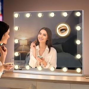 LUXFURNI Vanity Mirror with Makeup Lights, Large Hollywood Light up Mirrors w/ 18 LED Bulbs for Bedroom Tabletop & Wall Mounted