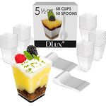 DLux 50 x 5.5 oz Mini Dessert Cups with Spoons, Square Large - Clear Plastic Parfait Appetizer Cup - Small Reusable Serving Bowl for Tasting Party Desserts Appetizers - with Recipe Ebook