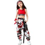 LOLANTA 2pcs Girls Hip Hop Street Dance Solo Clothes Set Crop Tank Top+Camouflage Jogger Pants, Red, 10-11 Years