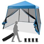 Tangkula 10x10 Ft Pop Up Canopy with Netting, Slanted Leg Outdoor Canopy with Roller Bag, 4 Sand Bags, 8 Stakes, 4 Ropes, Instant Canopy Tent with Easy Set-up Center Lock for Patio (Blue)