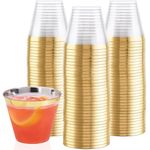 100 Gold Plastic Cups - 9 oz - Hard Disposable Cups - Plastic Wine Cups - Plastic Cocktail Glasses - Plastic Drinking Cups - Bulk Party Cups - Wedding Tumblers - Clear Plastic Cups with Gold Rim