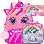 Toddler Backpack for Girls, 3pcs Unicorn Sequin Preschool Bookbag with Lunch Box,Cute Kindergarten School Bag