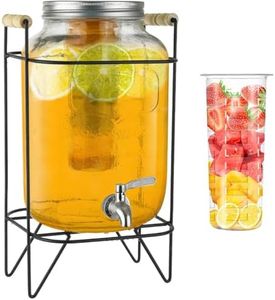 9SHOME 5L Glass Beverage Dispenser with Stand, Drink Dispenser with Stainless Steel Spigot, 1 Gallon Wide Mouth Mason Jar Container for Juice, Lemonade, Soda, Cocktail, Wine, with Fruit Infuser