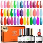 Modelones 24 Pcs Gel Nail Polish Kit, Summer Rainbow Color Gel Polish 7ML Soak Off Pastel Glitter Nail Gel with Glitter Glossy& Matte Top Base Coat Home DIY Nail Manicure Gift for Women